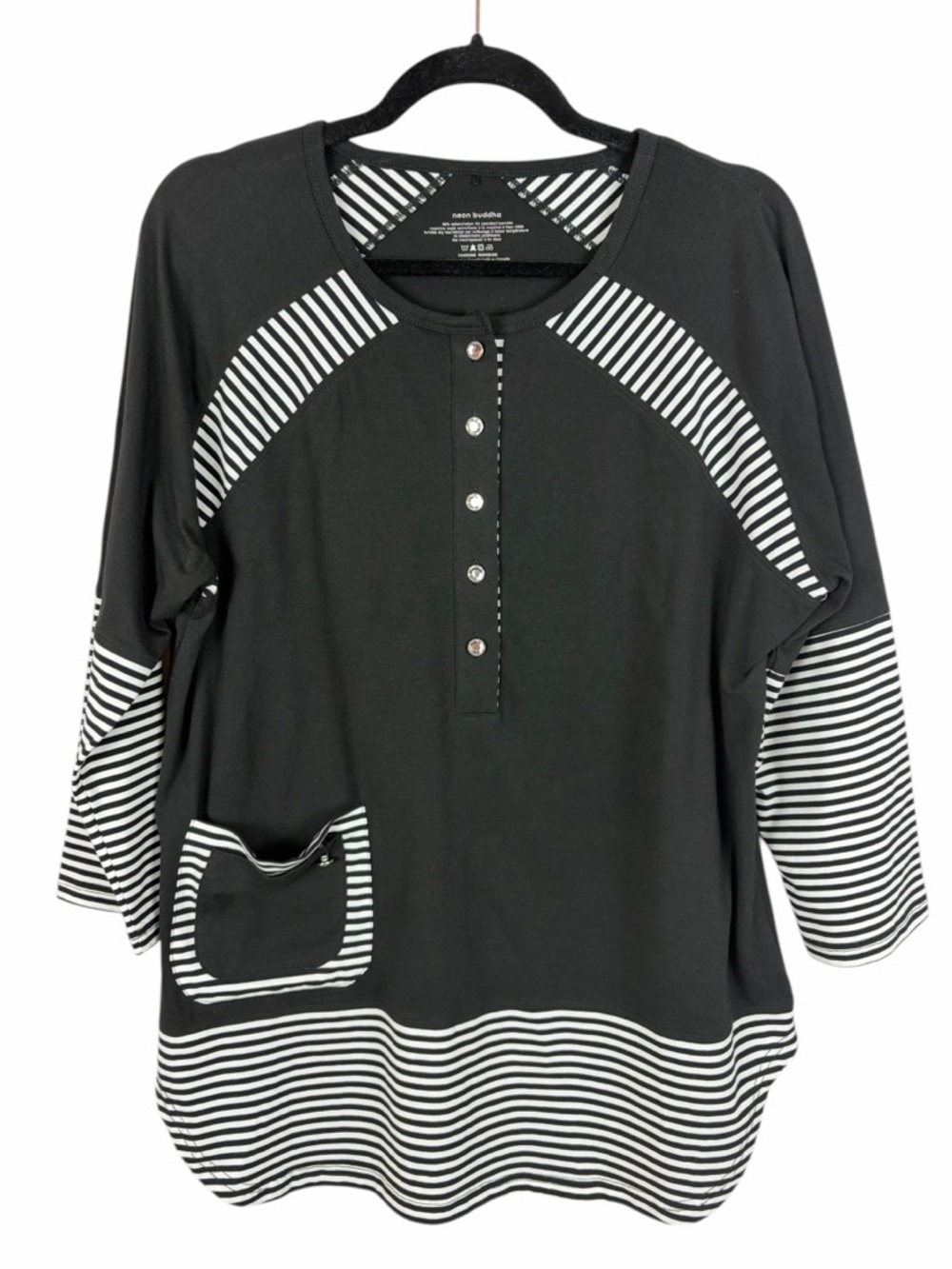 Neon Buddha Black Stripe Top Large Button Front 3/4 Sleeve Pocket Tunic